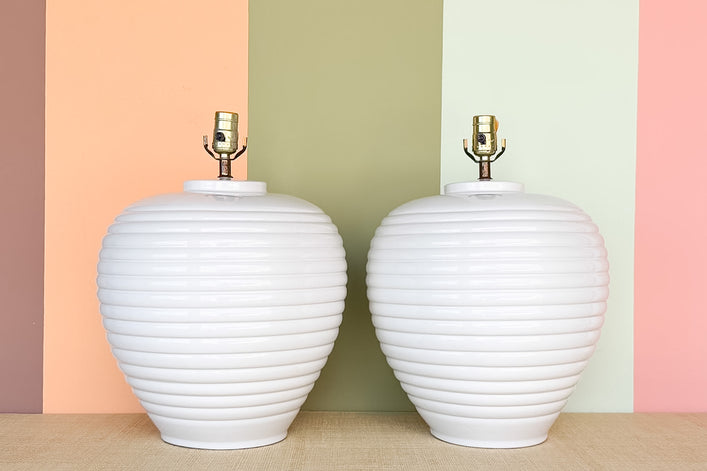 Pair of Ribbed White Ceramic Lamps