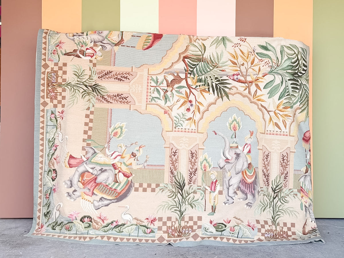 Whimsical Elephant and Monkey Needlepoint Rug