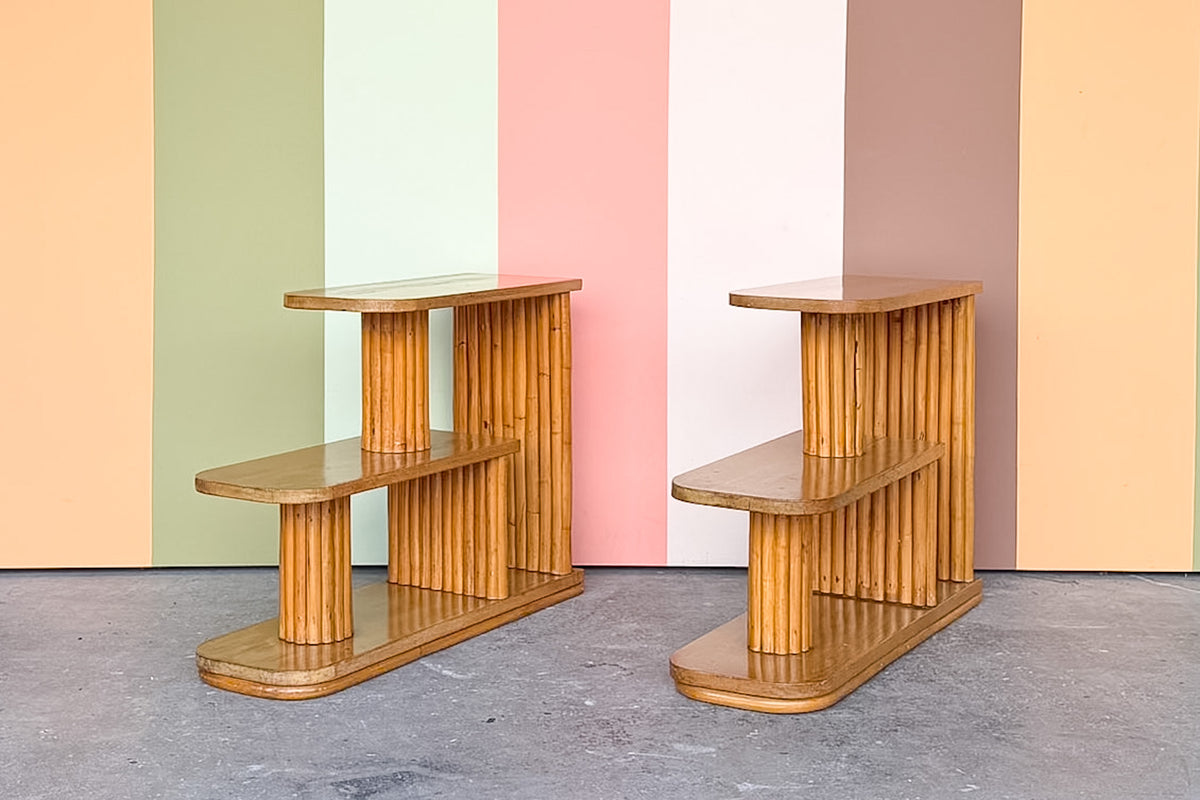 Pair of Frankl Style Two Tier Rattan Side Tables