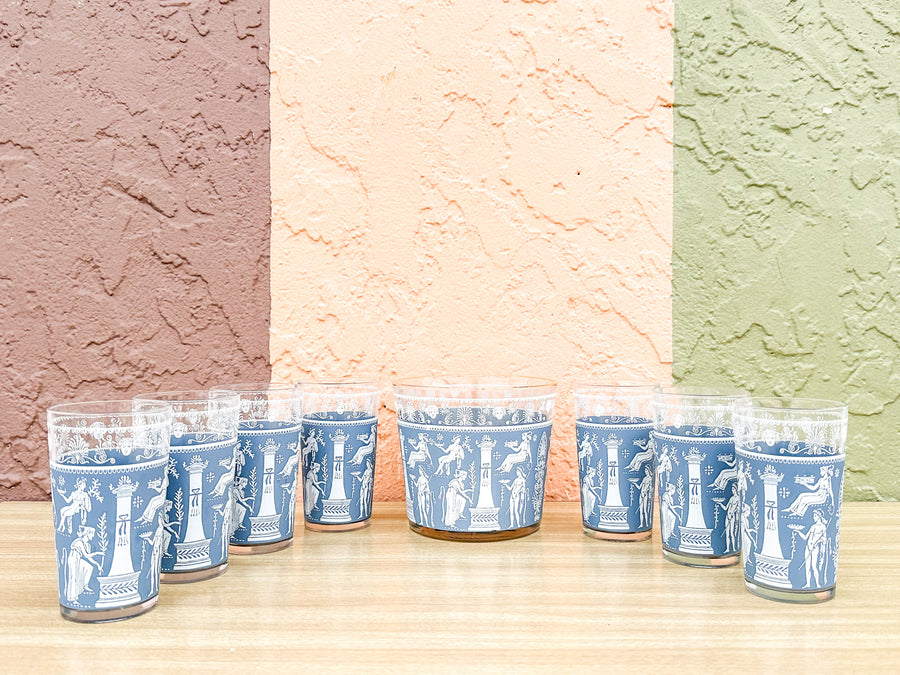 Ancient Greek Ice Bucket and Set of Seven Glasses