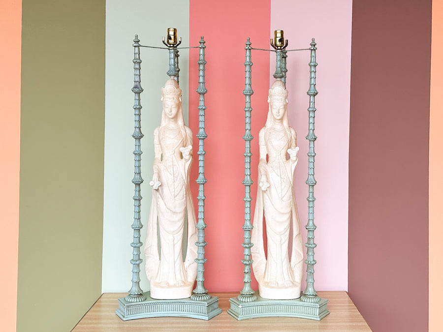 Pair of Huge Quin Yin Chinoiserie Lamps