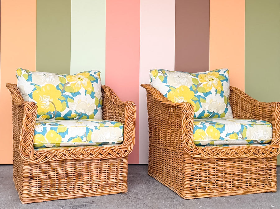 The Wicker Works Pair of Braided Rattan Lounge Chairs