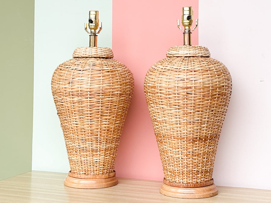 Pair of Wicker Ginger Jar Lamps