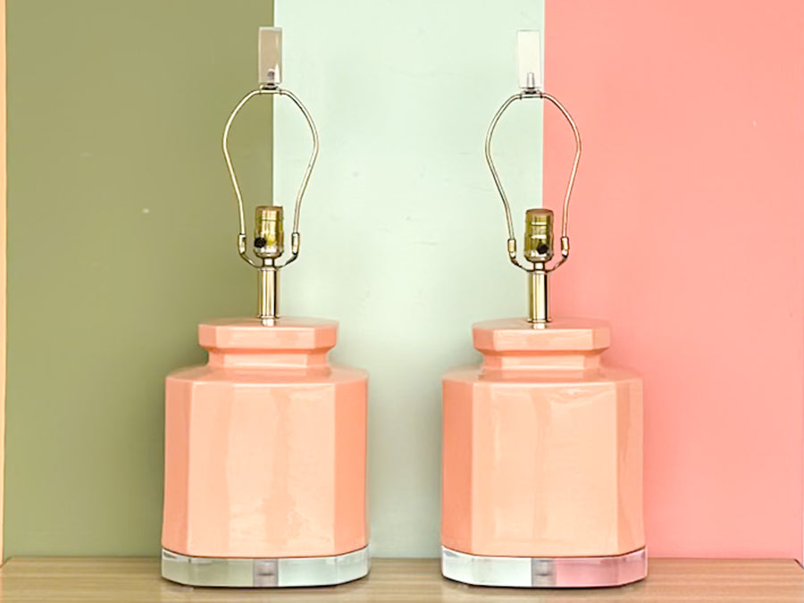 Pair of Coral and Lucite Bauer Lamps