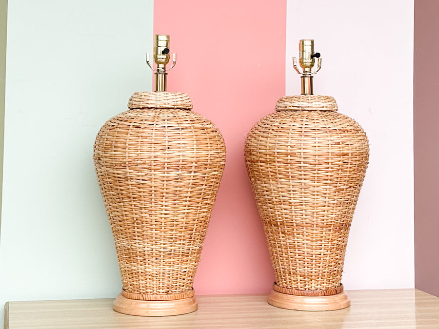 Pair of Wicker Ginger Jar Lamps