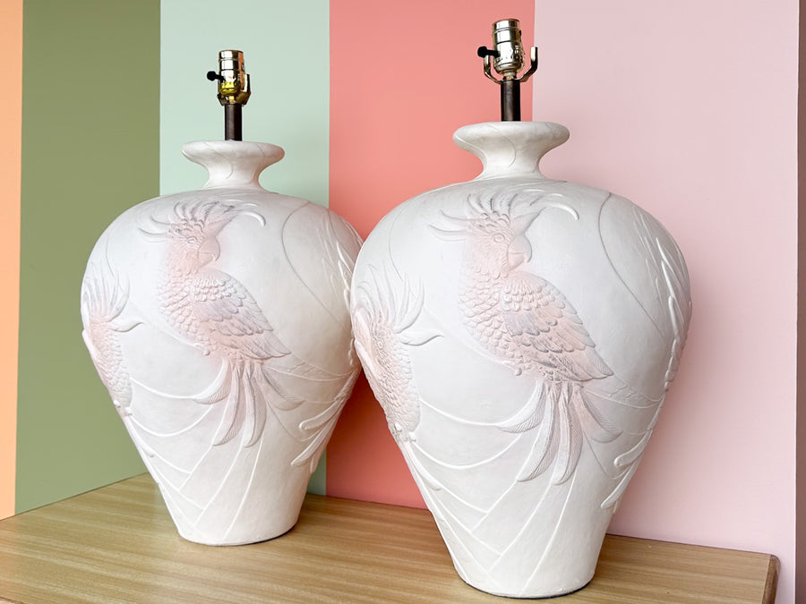 Pair of Large Plaster Cockatoo Lamps