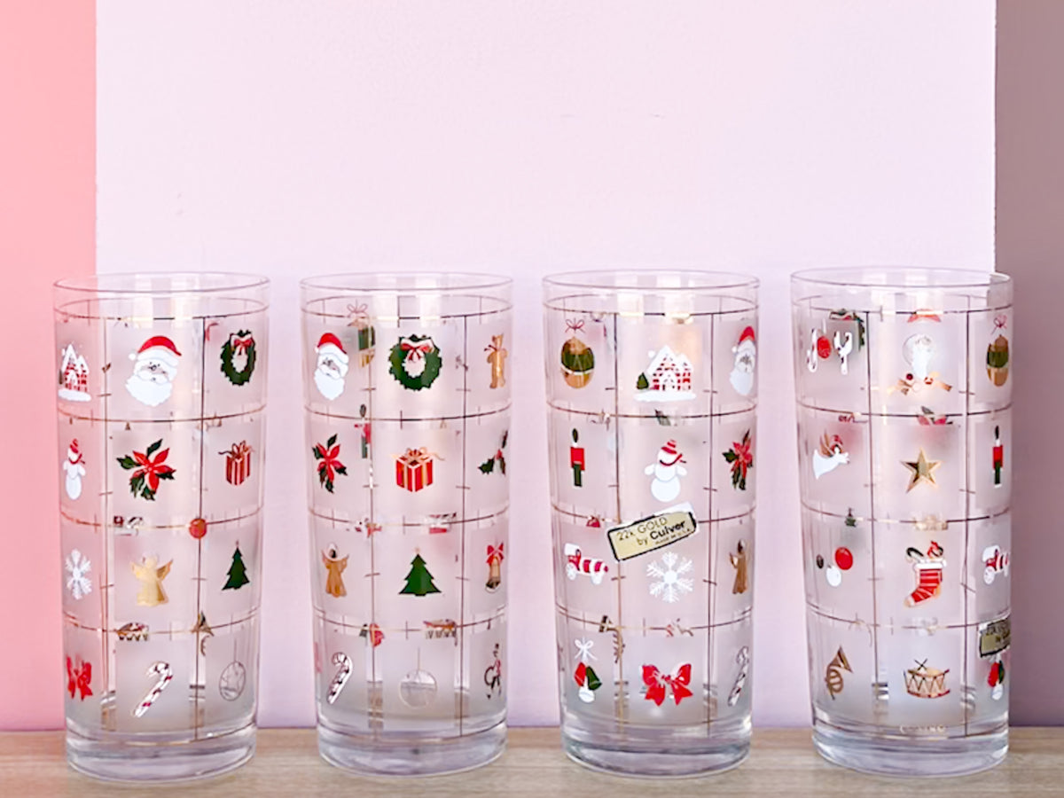 Set of Eight Culver Christmas Confetti Glassware
