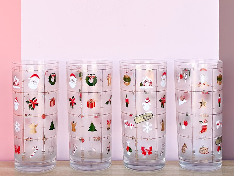 Set of Eight Culver Christmas Confetti Glassware