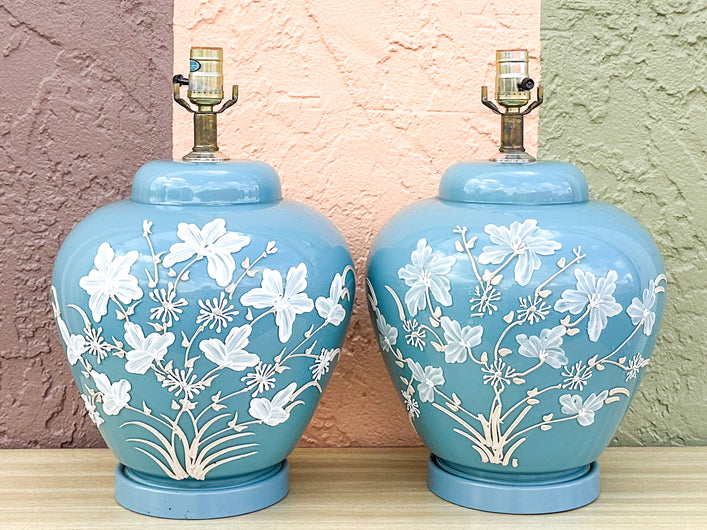 Pair of Robin Egg Blue Floral Icing Lamps