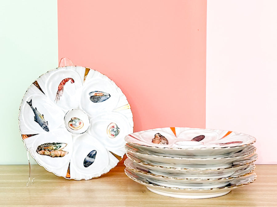 Set of Six French Gold Rimmed Oyster Plates