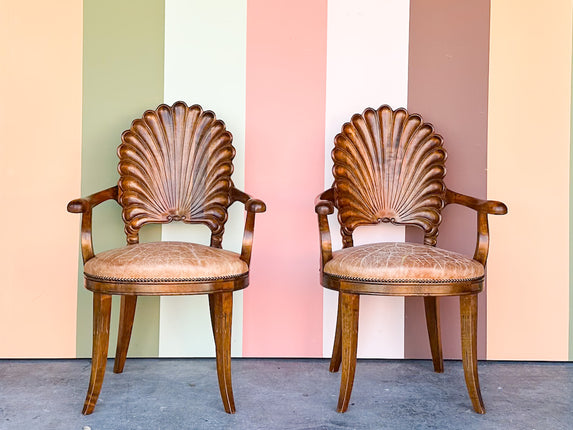 Pair of Shell Wood Back Accent Chairs