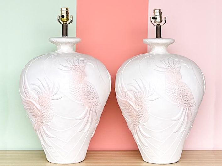 Pair of Large Plaster Cockatoo Lamps