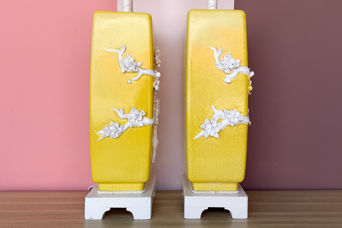 Pair of Yellow Chinoiserie Tree of Life Lamps