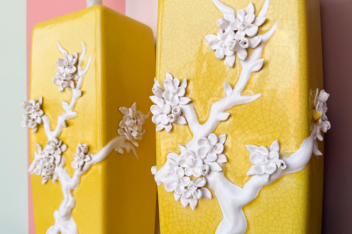 Pair of Yellow Chinoiserie Tree of Life Lamps