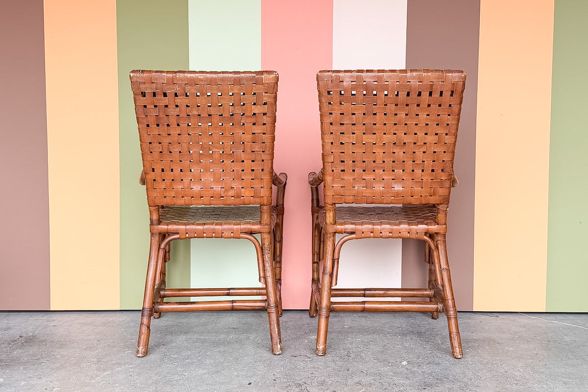 Pair of Island Chic Leather and Rattan Arm Chairs