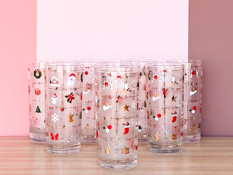 Set of Eight Culver Christmas Confetti Glassware