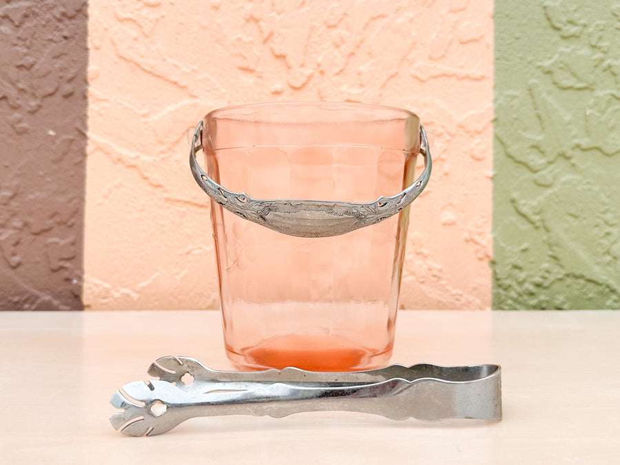 Set of Six Etched Pink Glasses and Ice Bucket