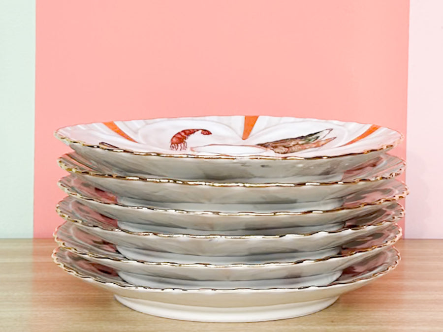 Set of Six French Gold Rimmed Oyster Plates