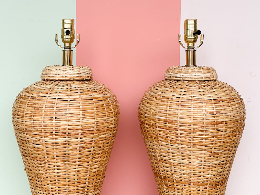 Pair of Wicker Ginger Jar Lamps