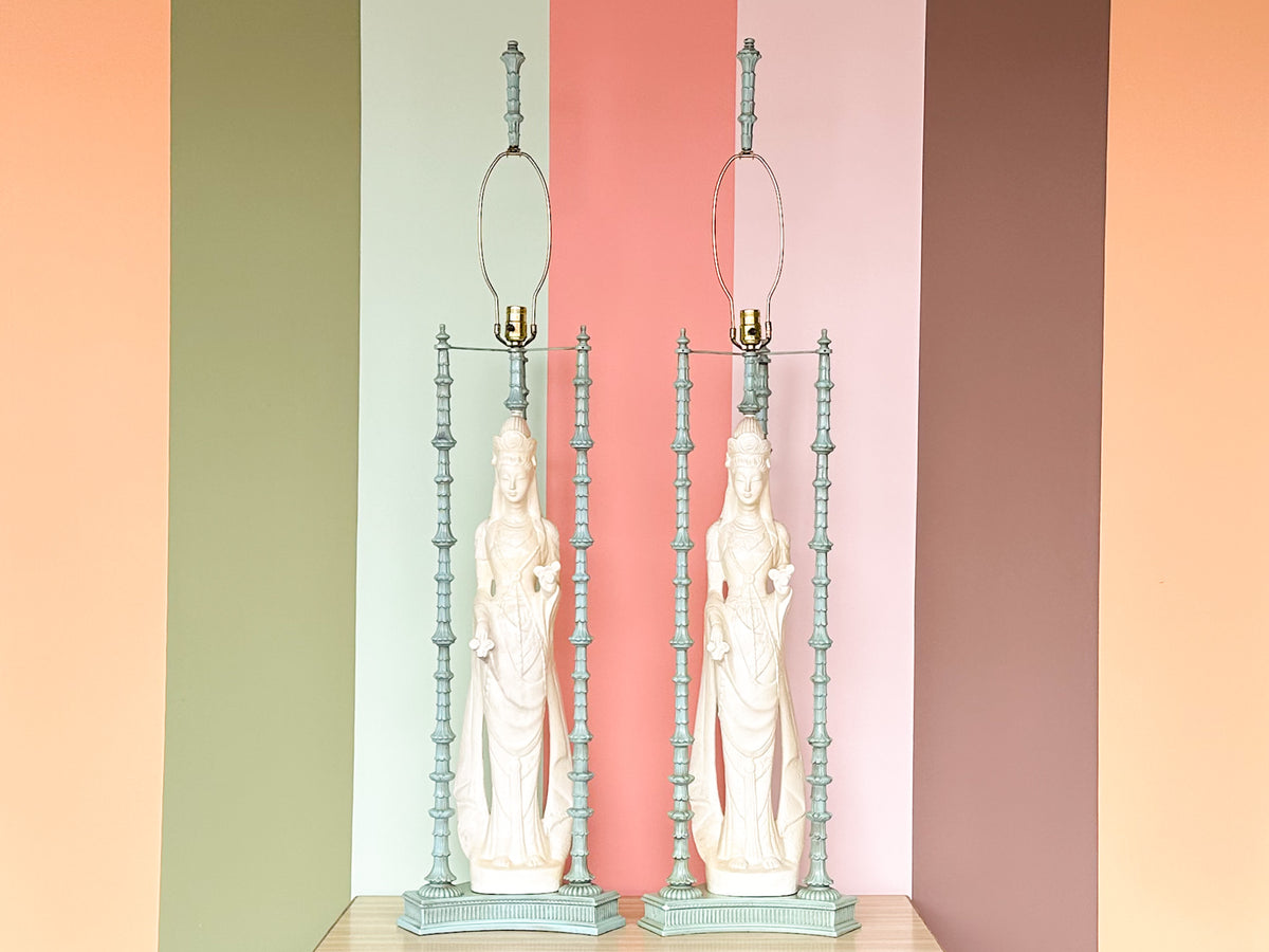 Pair of Huge Quin Yin Chinoiserie Lamps