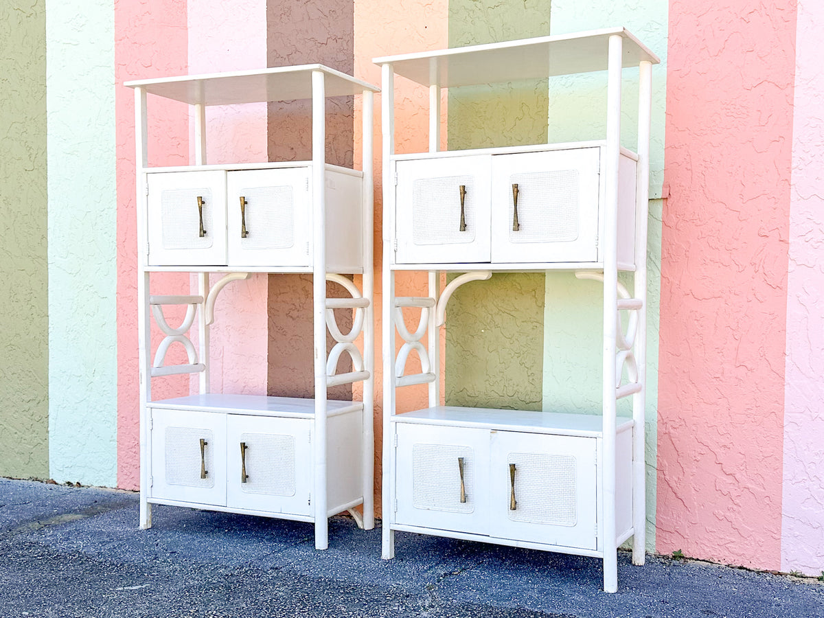Pair of White Rattan Etageres