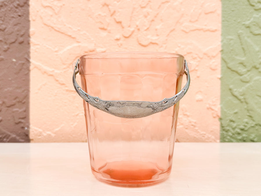 Set of Six Etched Pink Glasses and Ice Bucket