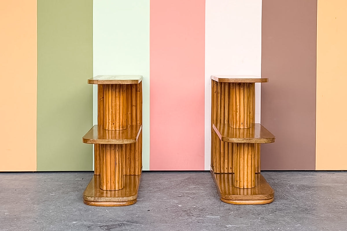 Pair of Frankl Style Two Tier Rattan Side Tables