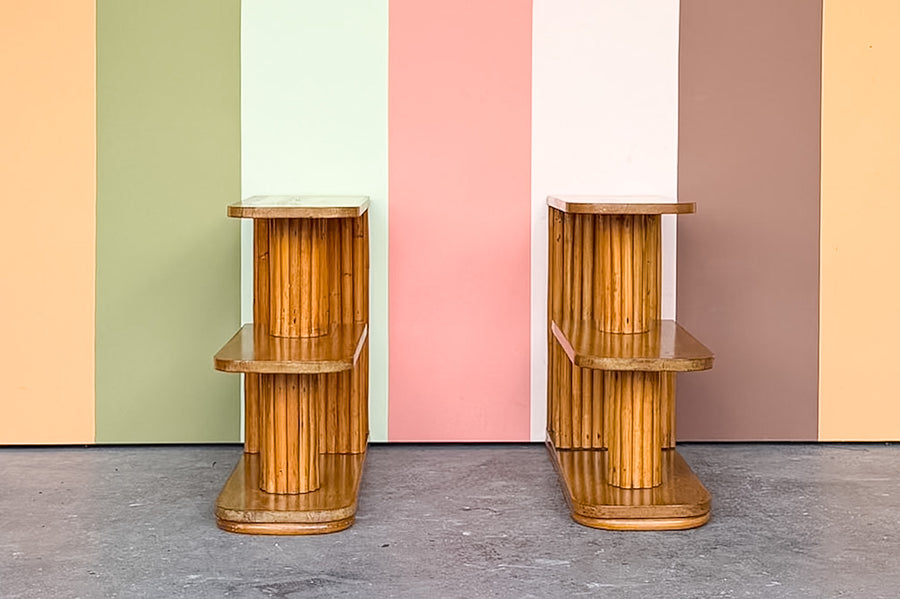 Pair of Frankl Style Two Tier Rattan Side Tables