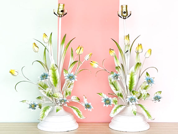 Pair of Italian Tole Floral Lamps