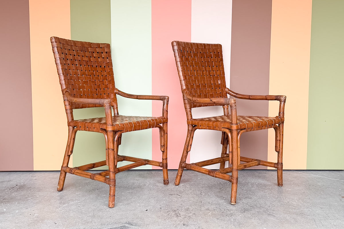 Pair of Island Chic Leather and Rattan Arm Chairs