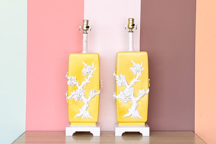 Pair of Yellow Chinoiserie Tree of Life Lamps