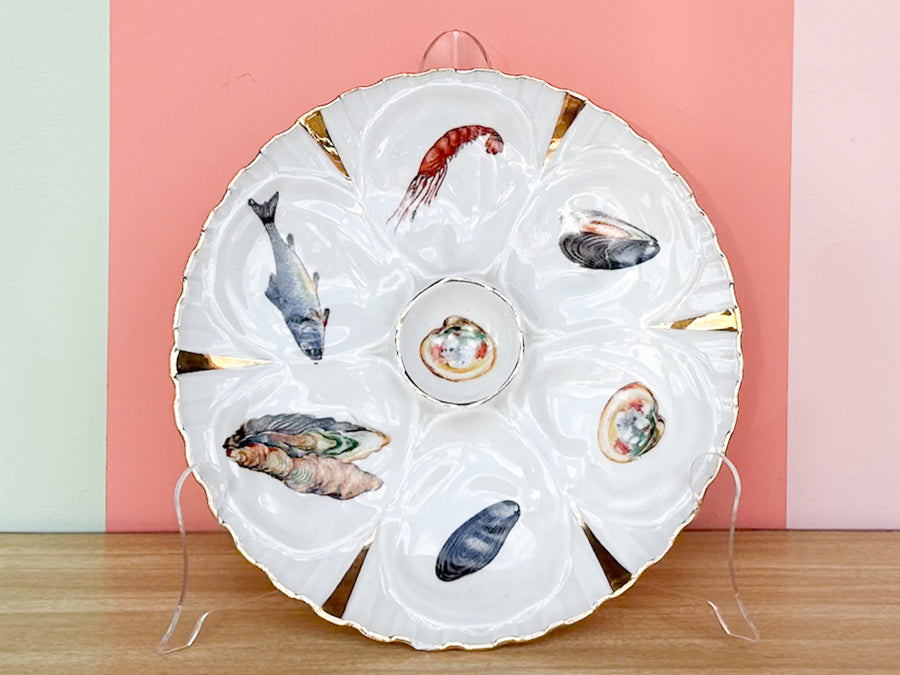 Set of Six French Gold Rimmed Oyster Plates