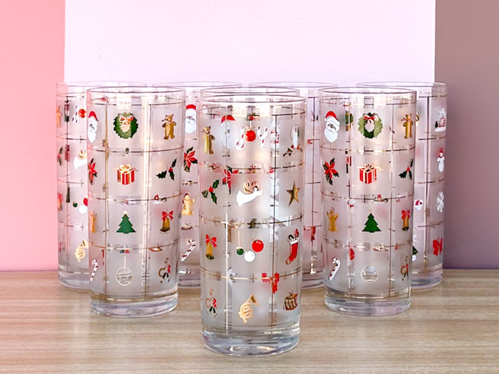 Set of Eight Culver Christmas Confetti Glassware