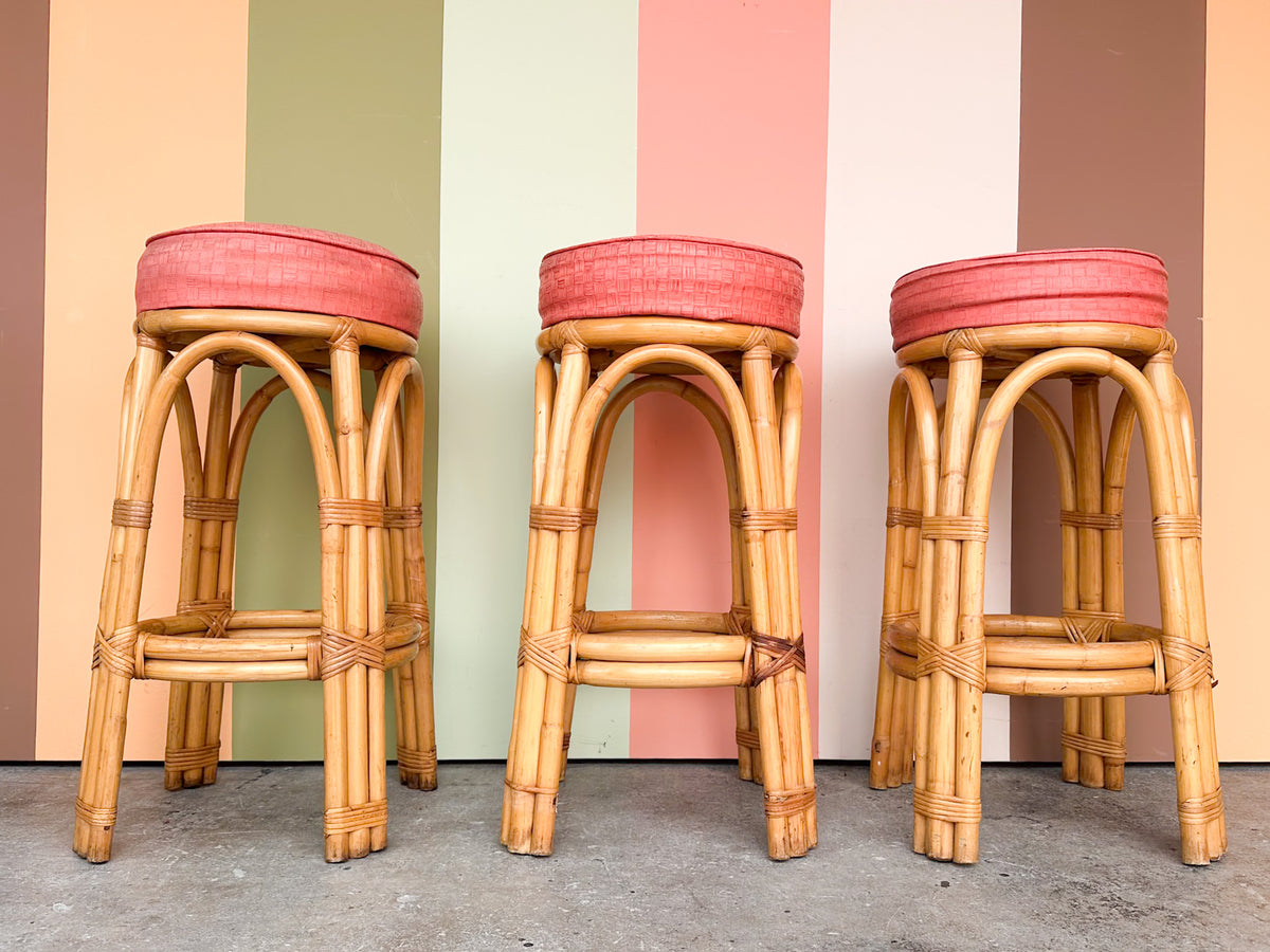 Set of Three Old Florida Rattan Bar Stools