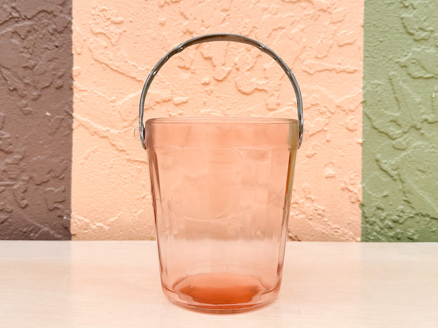 Set of Six Etched Pink Glasses and Ice Bucket