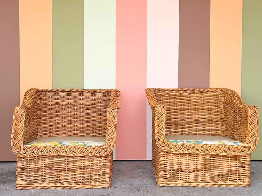The Wicker Works Pair of Braided Rattan Lounge Chairs