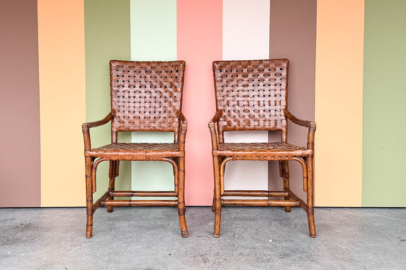 Pair of Island Chic Leather and Rattan Arm Chairs