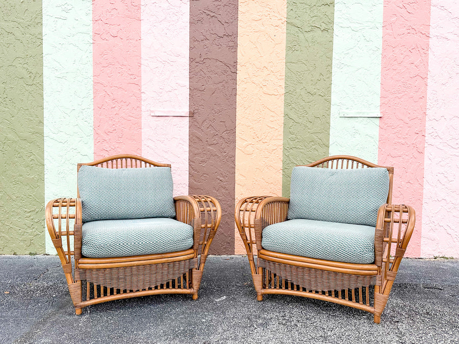 Pair of Coastal Rattan Ficks Reed Lounge Chairs
