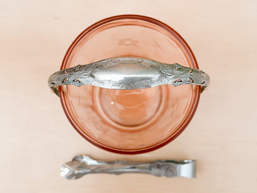 Set of Six Etched Pink Glasses and Ice Bucket