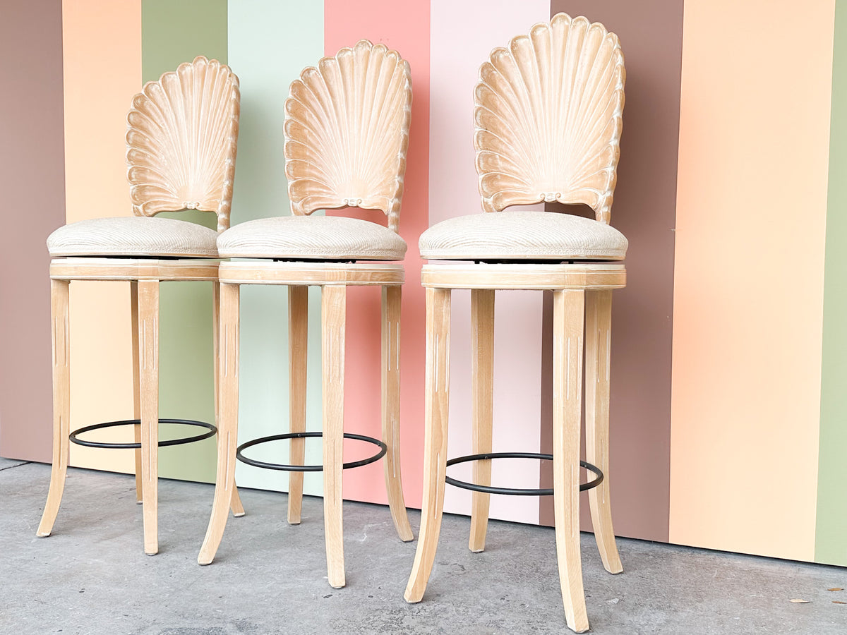 Set of Three Kips Bay Show House Italian Shell Back Bar Stools