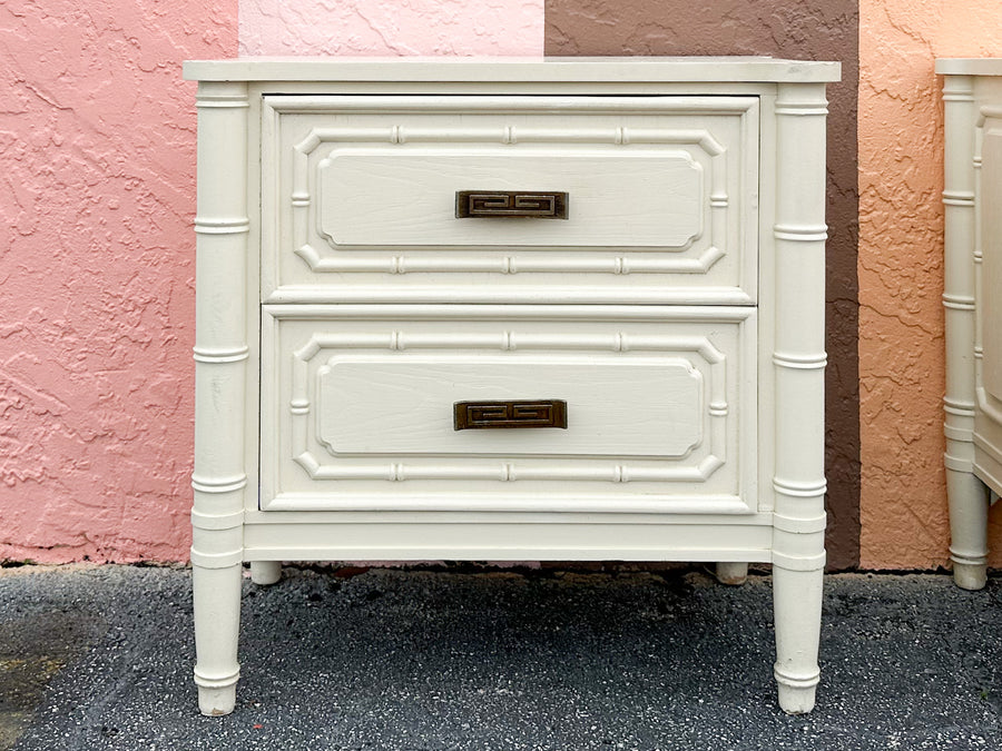 Pair of Greek Key and Faux Bamboo Nightstands