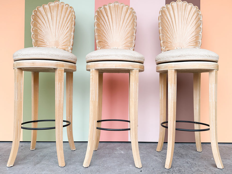 Set of Three Kips Bay Show House Italian Shell Back Bar Stools