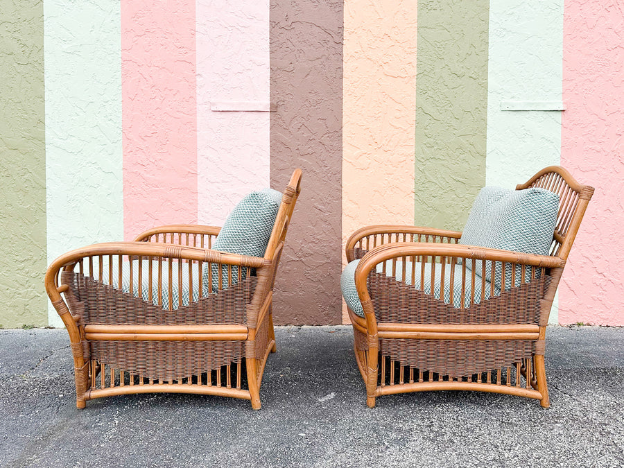 Pair of Coastal Rattan Ficks Reed Lounge Chairs