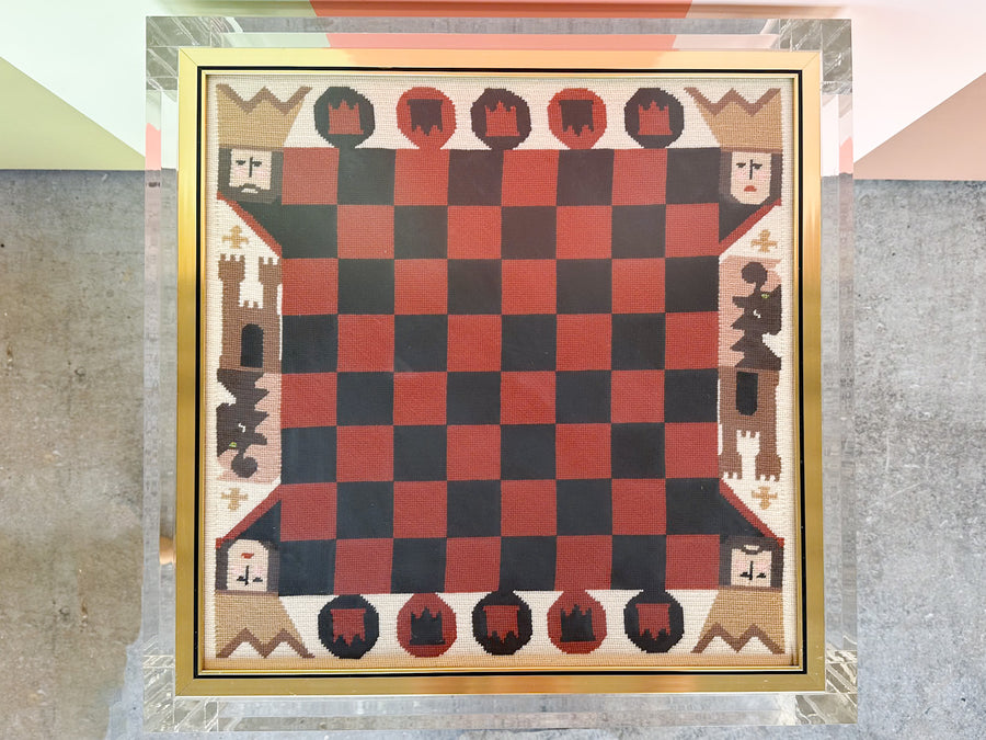 Needlepoint Chess Lucite Side Table