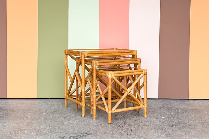Trio of Chippendale Rattan Nesting Tables