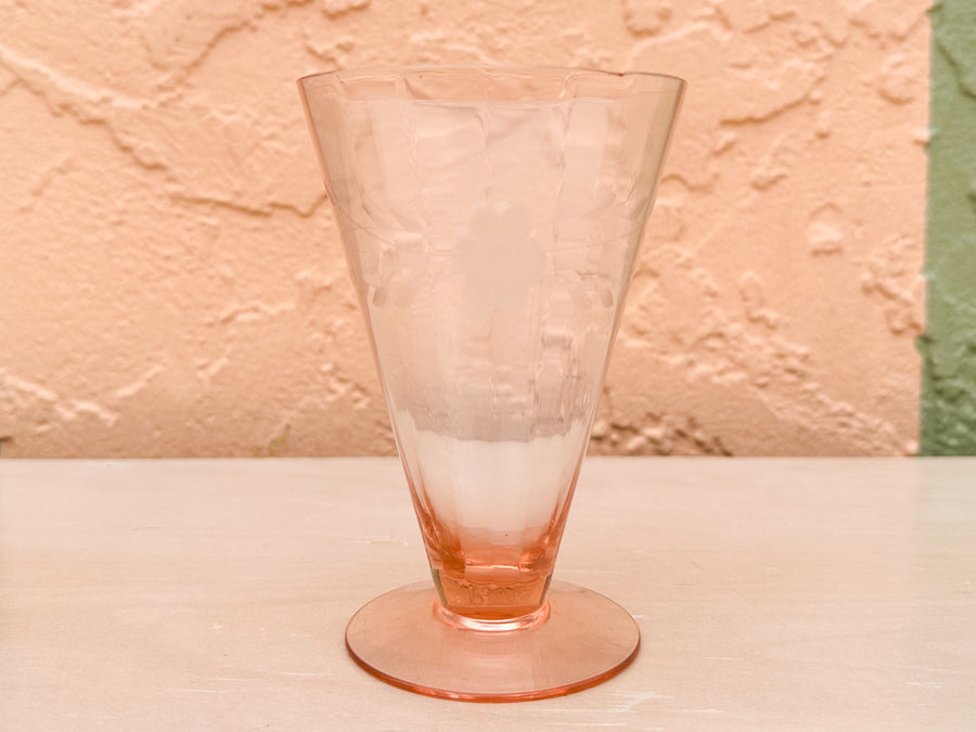 Set of Six Etched Pink Glasses and Ice Bucket