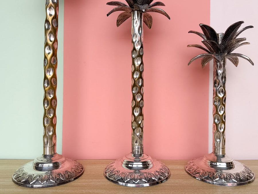 Set of Three Silver Palm Tree Candle Holders