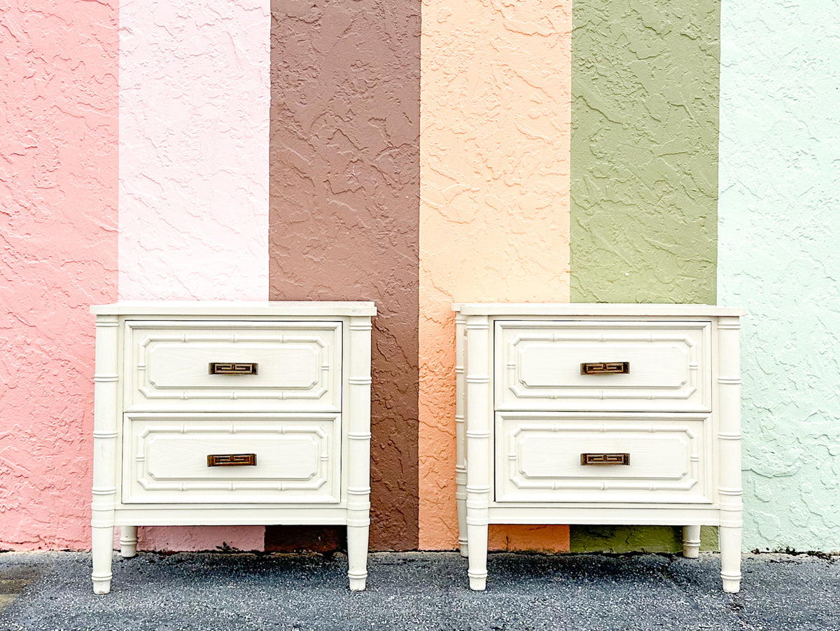 Pair of Greek Key and Faux Bamboo Nightstands