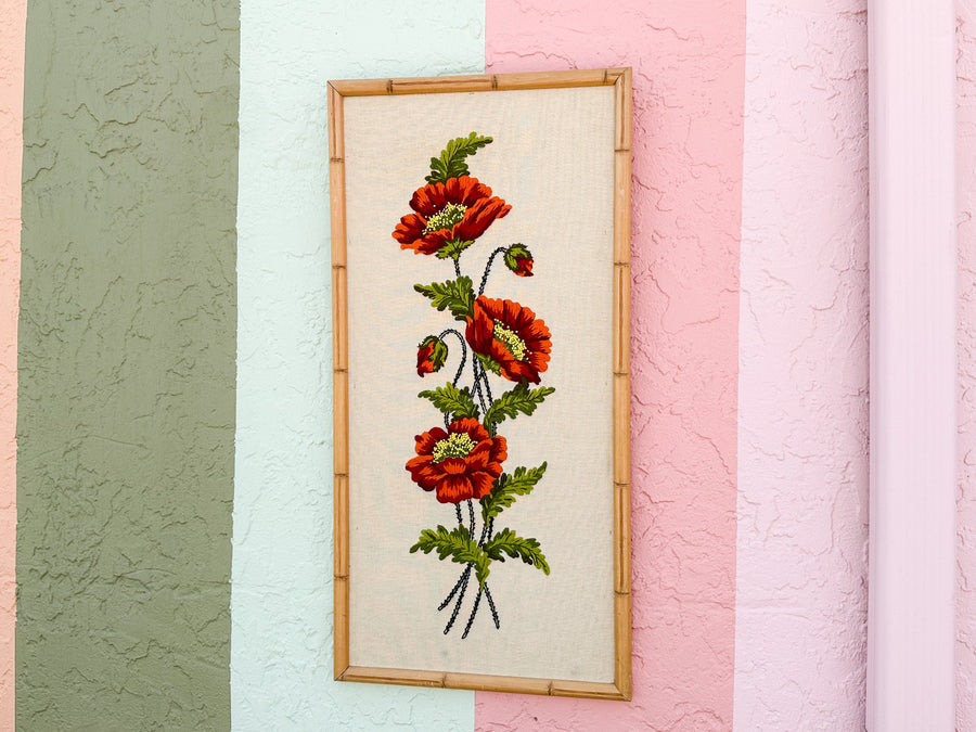 Crewel Poppies in Faux Bamboo Frame