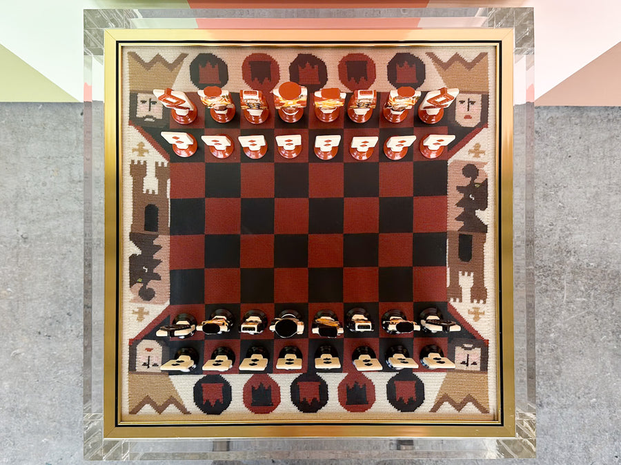 Needlepoint Chess Lucite Side Table